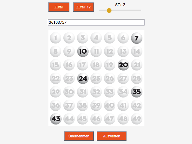 Lotto Regeln: Die sechs Lottozahlen 7, 10, 20, 24, 35, 43 zusammen mit der Superzahl 2 bestimmen eindeutig die Lotto-Kombination 36103757